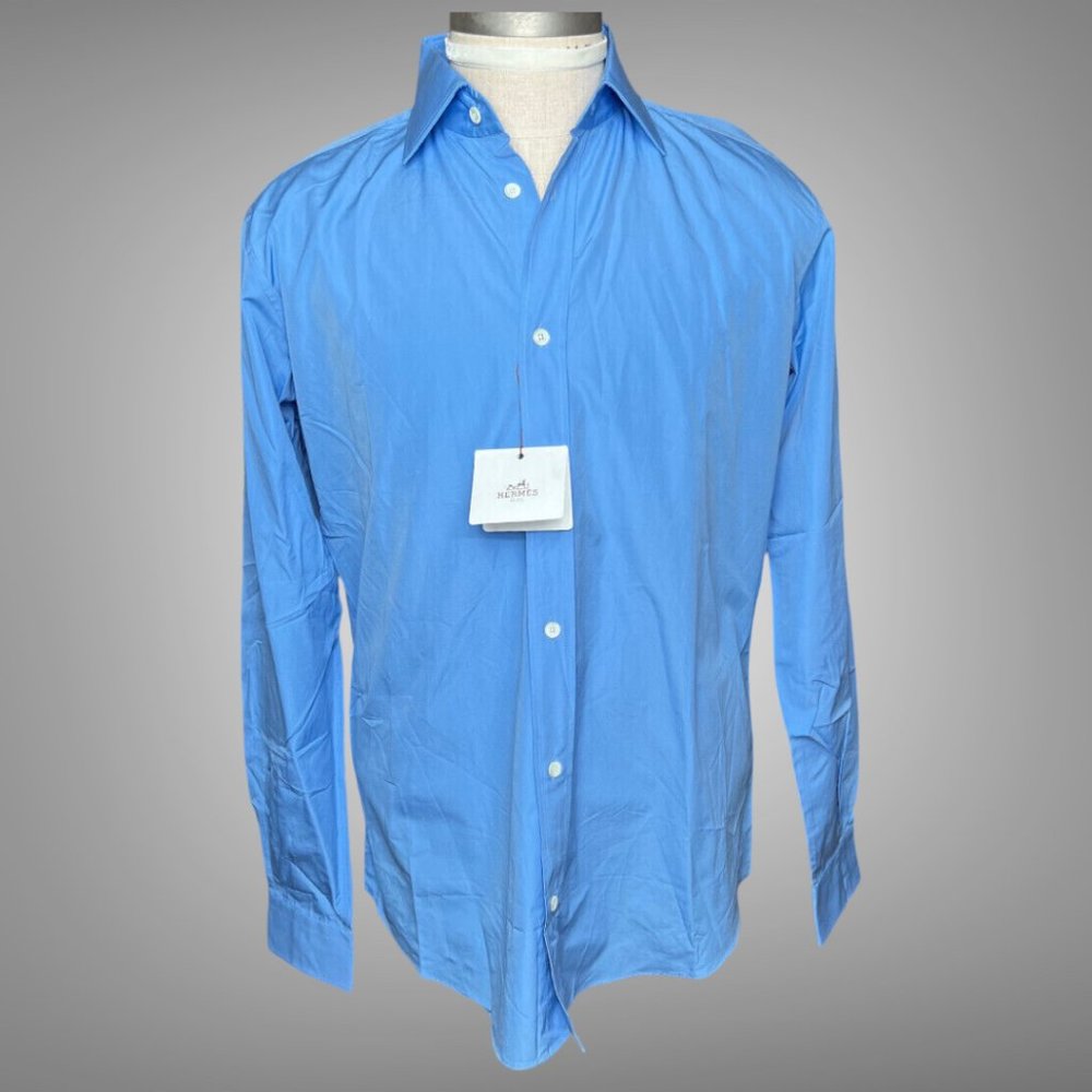 New Authentic Hermes Polished Cotton Blue Dress Shirt Made in France